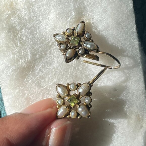 Victorian-Inspired Peridot and Seed Pearl Earrings - Picture 2 of 6